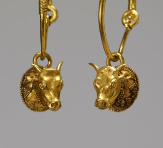 Greek - Pair of Earrings with Cow Heads - Walters 57589, 57590 - Three Quarter