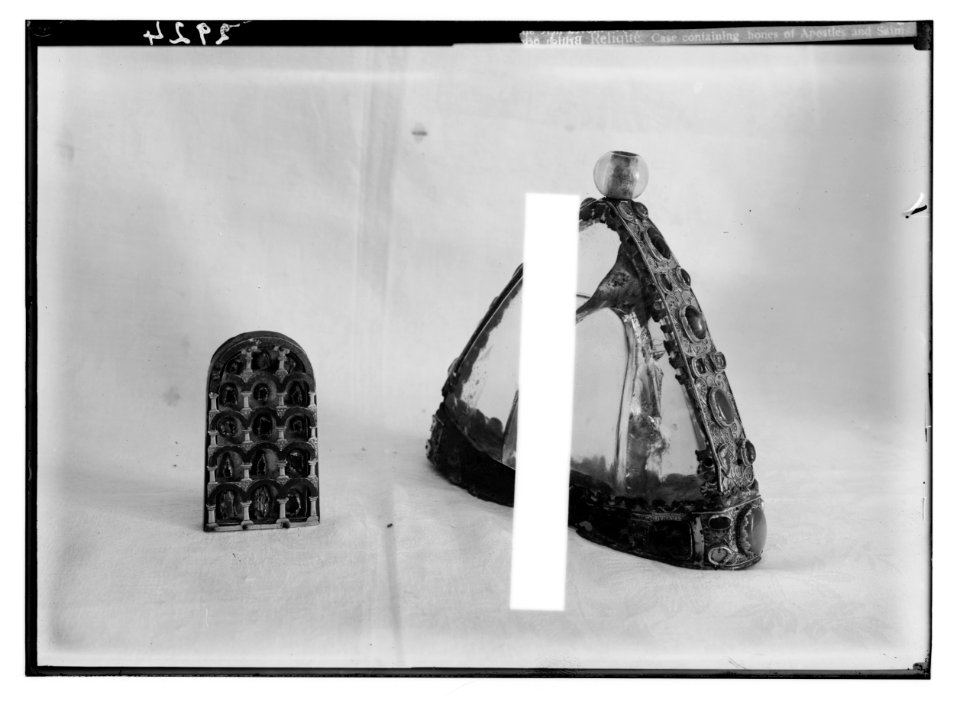 Greek treasures in the Church of the Holy Sepulchre. The tiara reliqu. Case containing bones of Apostles and saints LOC matpc.02498