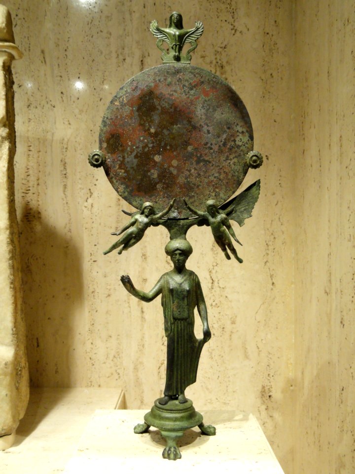 Greek mirror, bronze, said to be from an Etruscan tomb, 465-450 BCE - Nelson-Atkins Museum of Art - DSC08199