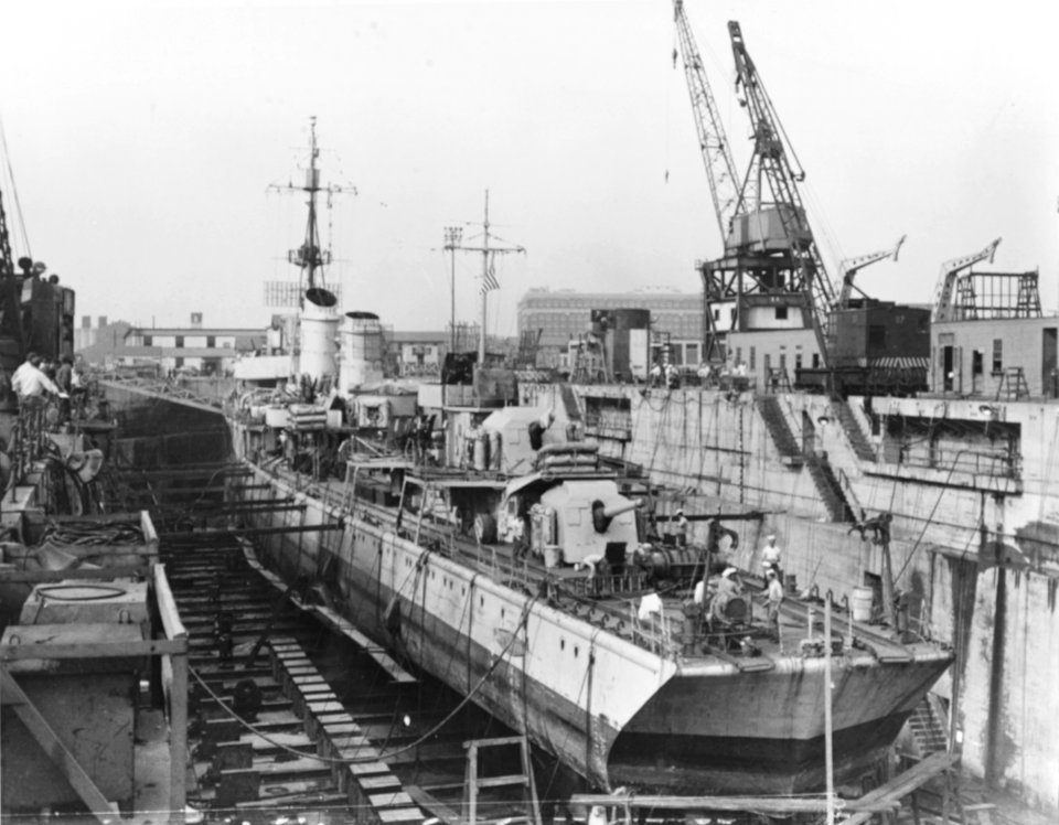 Former German destroyer Z39 in drydock at the Boston Navy Yard in August 1945