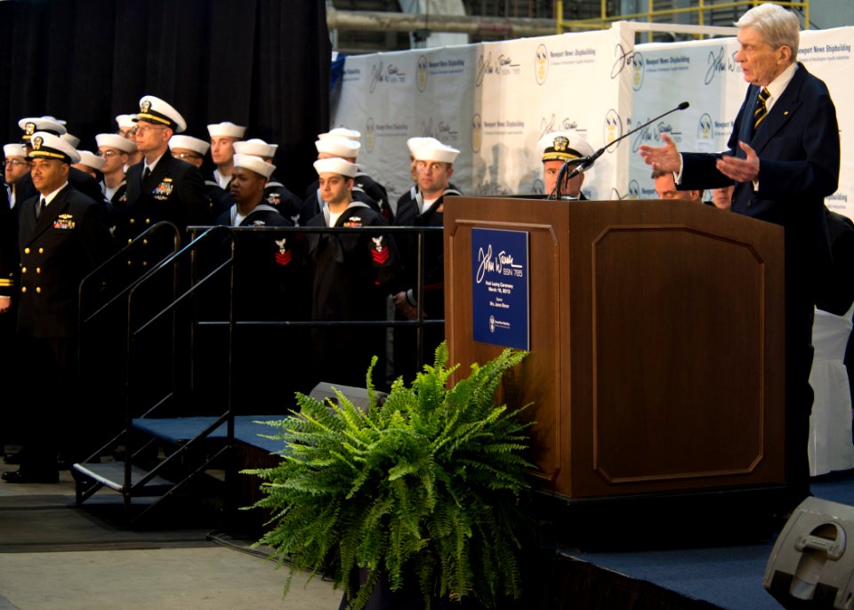 Former Sen. John Warner speaks at the keel laying of his namesake submarine. (8572072442)