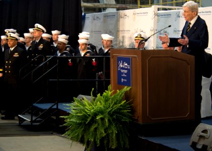 Former Sen. John Warner speaks at the keel laying of his namesake submarine. (8572072442)
