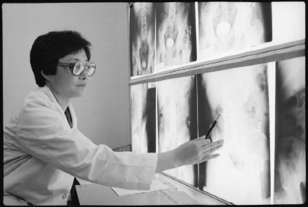 Fort Stewart, Georgia. Female doctor. Major Lucy Cho (Doctor), a radiologist at Womack Army Hospital, studies x-rays... - NARA - 531472