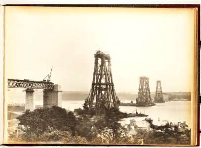 Forth Bridge - General view from North Queensferry hills depicting the three cantilevers at very nearly their full height