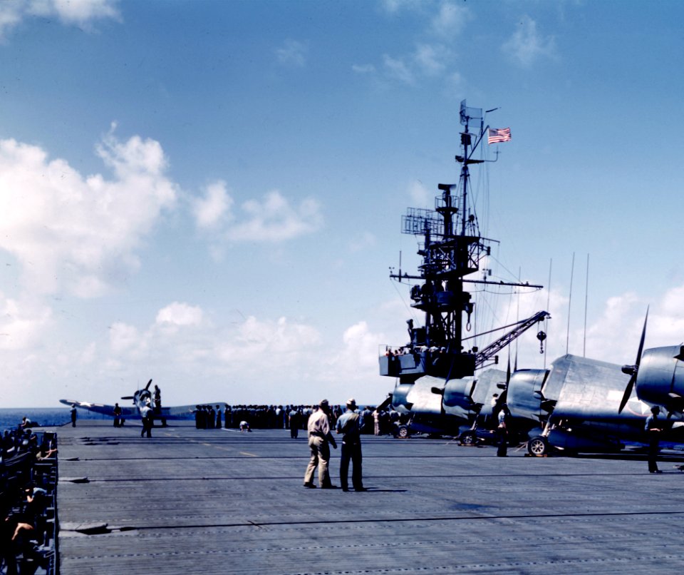 Forward flight deck of USS Cowpens (CVL-25), in the summer of 1943 (80-G-K-663)