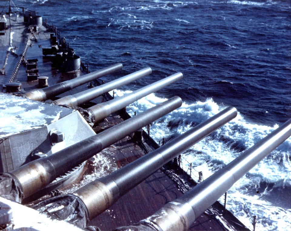 Forward guns of USS Alabama (BB-60) c1942