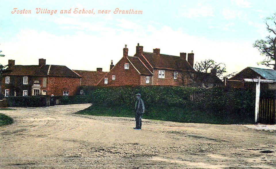 Foston, Lincolnshire, England, pre 1911. Village crossroads and school