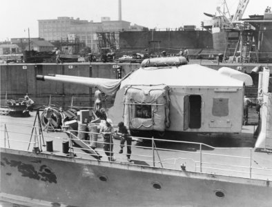 Forward gun turret of the German destroyer Z39 at the Boston Navy Yard in August 1945