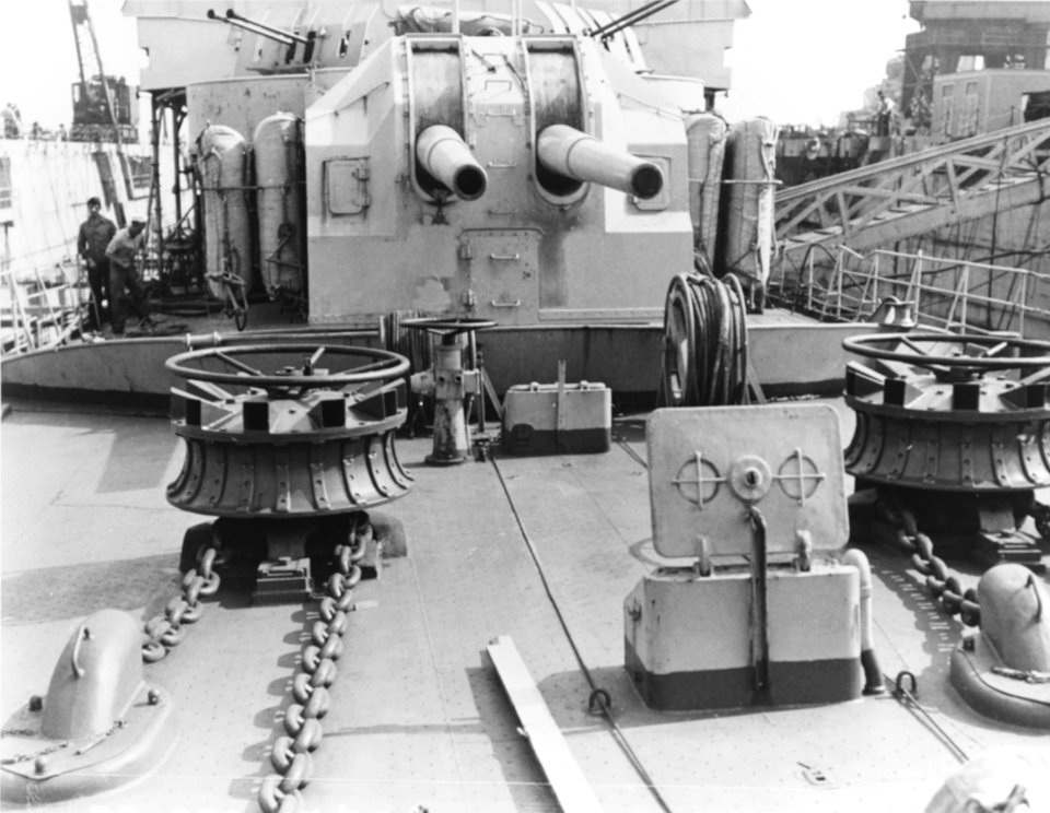 Forward gun turret of former German destroyer Z39 at the Boston Navy Yard in August 1945