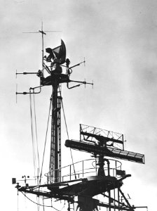 Forward radar mast of USS Newport News (CA-148) c1949