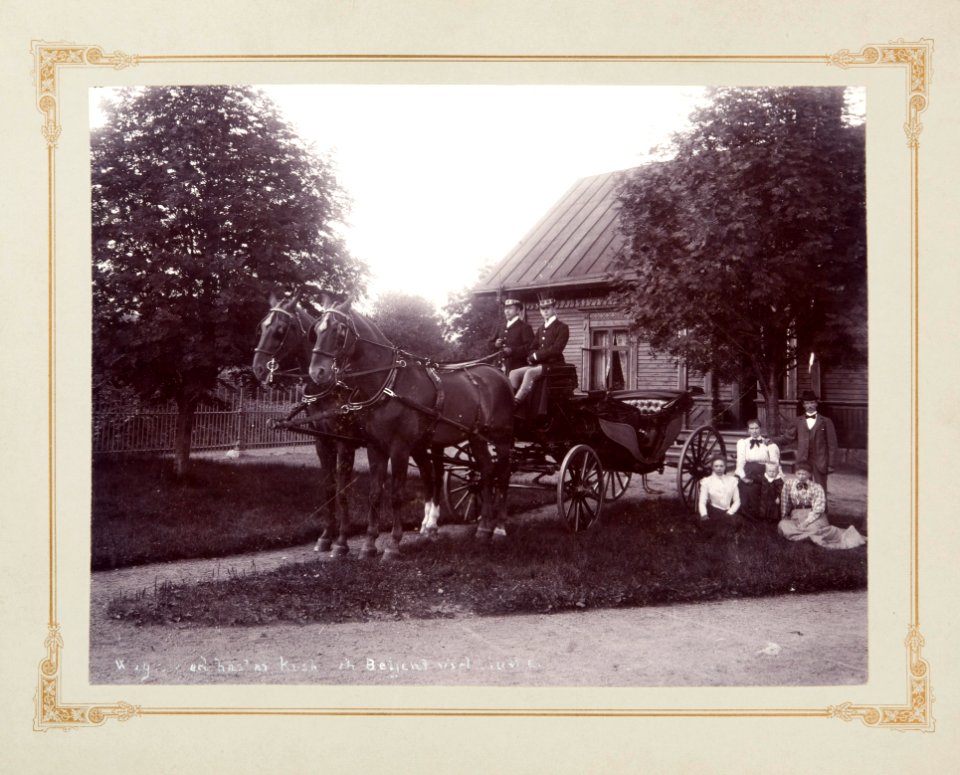 Fotografi av Ljusne. Vagn med hästar, kusk och betjänt vid Ljusne - Hallwylska museet - 106808