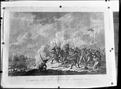 Fotografische reproductie van een prent met het onderschrift- Het landen der Engelsche, tusschen Pette en Calantsoog, op den 27 Augustus des Jaars 1799 - Regionaal Archief Alkmaar - FO1400144