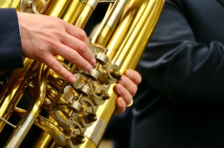 Marching brass instrument blowers photo