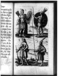Four Native American Indians of New France (Canada)- two men at top in war attire, with shield, bow, and arrows; mother holding paddle and nursing infant; and men clothed for winter, wearing LCCN90705832