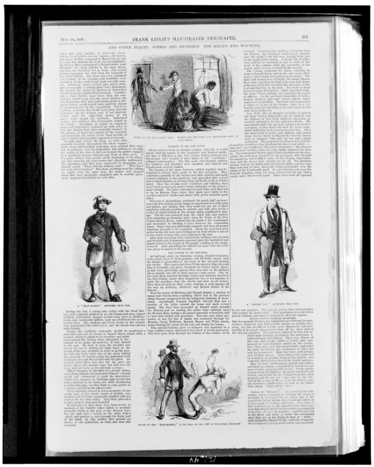 Four scenes from the riot in the Sixth Ward, New York City between the Bowery Boys and the Dead Rabbits showing- women and men throwing brickbats down on the police, a Dead Rabbit, a LCCN98510936