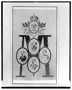Four cameos with portraits inset over the letter M, in the center are Emperor Maximilian and Empress Carlota of Mexico, then clockwise are- Tomás Mejía, Ramon Mendez, and Miguel Miramón; a LCCN2005688400