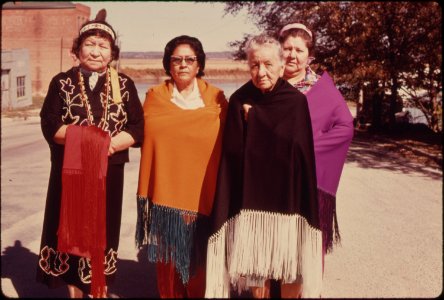 Four Women of the Iowa Indian Tribe Are Shown Wearing a Modern Version of Their Costumes on the Main Street of White Cloud Kansas, near Troy...10-1974 (4012366580)