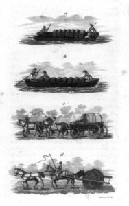 Four figures showing methods of transporting barrels- a. & b. - by use of small boats; c. - in horse-drawn wagon; d. - rigged behind horses, in a way that it will roll LCCN2006683525 photo