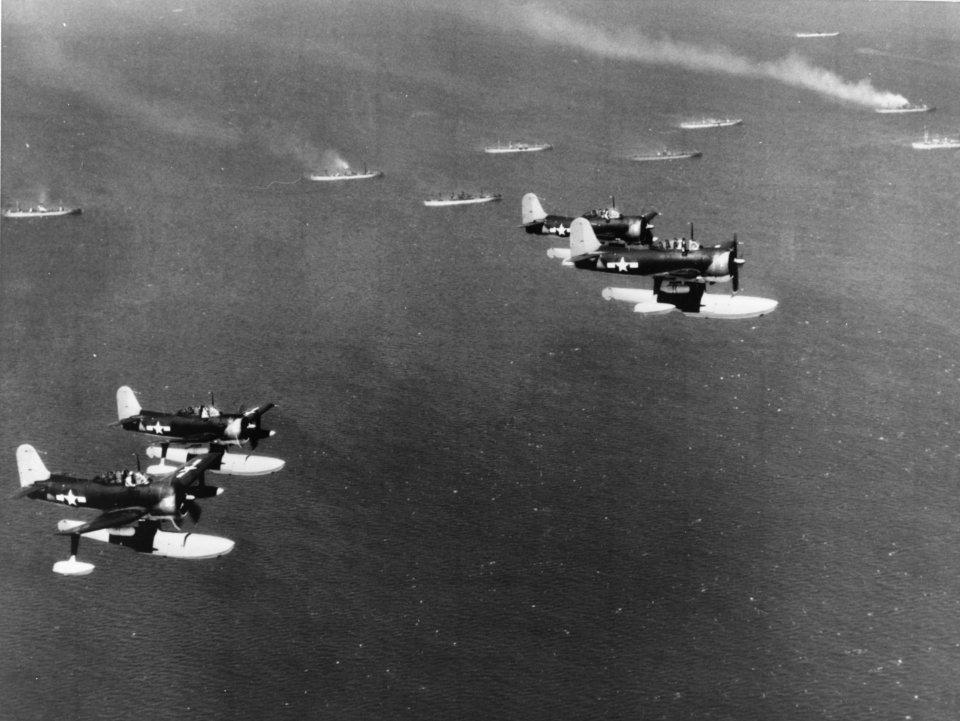 Four Curtiss SC-1 Seahawks in flight c1945