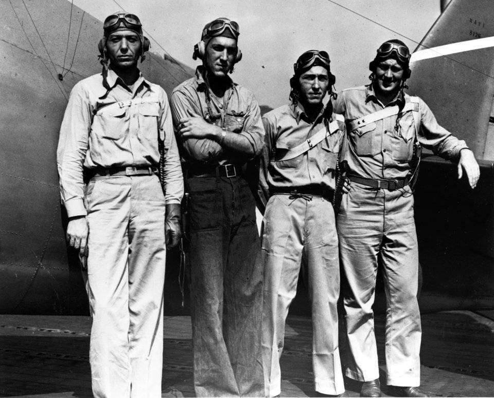 Four pilots of VF-6 aboard USS Enterprise (CV-6) on 10 August 1942 (80-G-11092)