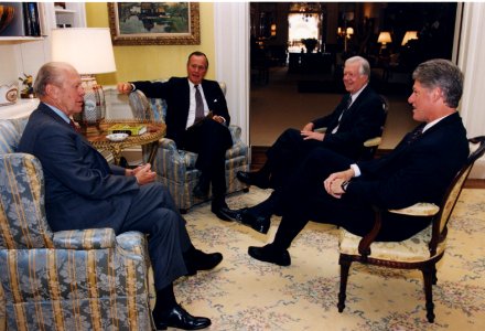 Four Presidents conversing before a NAFTA meeting