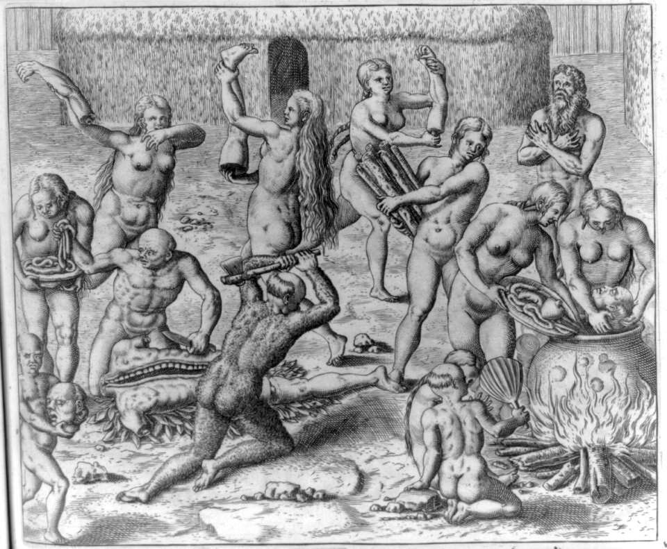 Four women of the tribe take four pieces of the dead body and carry these around a hut while they scream with pleasure LCCN2003653256