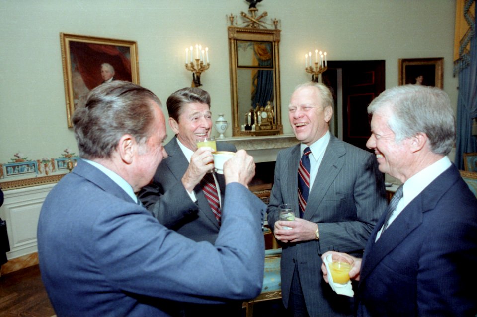Four Presidents toasting in the White House Blue Room