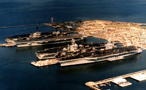 Four US Navy carriers at Norfolk Naval Station 1985