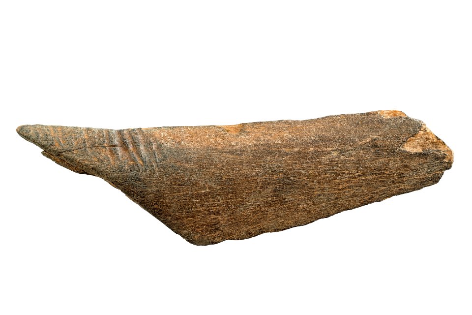 Fragment van een mammoetbeen met bewerkingssporen, 32 000 BP, vindplaats- Schulen, Schulensbroek, 1976, collectie Gallo-Romeins Museum Tongeren, GRM 6359
