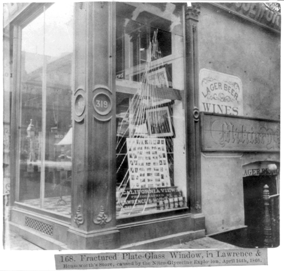 Fractured Plate-Glass Window in Lawrence and Houseworth's Store, caused by the Nitro-Glycerine Explosion, April 16th, 1866 LCCN2002723468