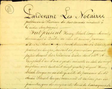 Fragment d'acte de déclaration par Henry Black, écuyer et avocat, comme procurateur d'Andrew Stuart (André), écuyer, en faveur d'Alexander Buchanan, probablement relatif à la possession de terres dans la seigneurie Saint-Gabriel-1