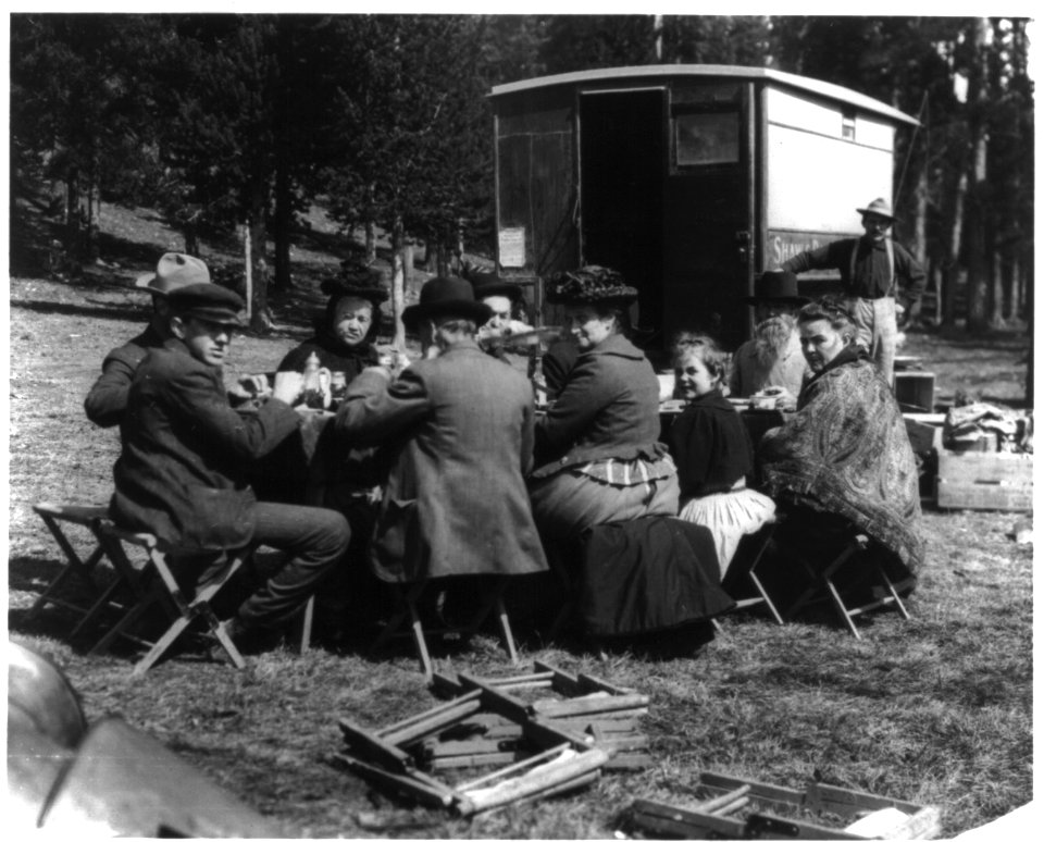 Frances Benjamin Johnston at picnic table in Yellowstone National Park LCCN2016648961