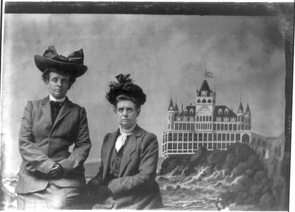 Frances Benjamin Johnston, with Maddie (her mother), 1903, with a painted backdrop of the Cliff House in San Francisco, California LCCN2006688470