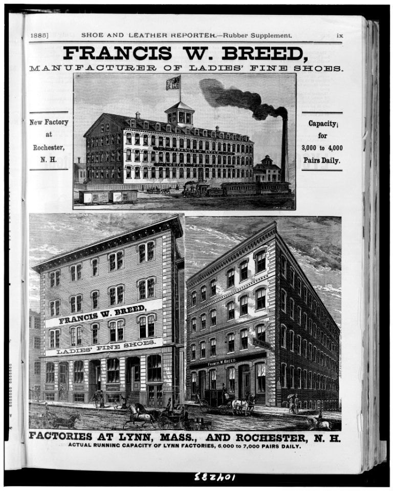 Francis W. Breed, manufacturers of ladies' fine shoes. Factories at Lynn, Mass., and Rochester, N.H., actual running capacity of Lynn Factories 6,000 to 7,000 pairs daily - C.W. Clark, s.c. LCCN91789194