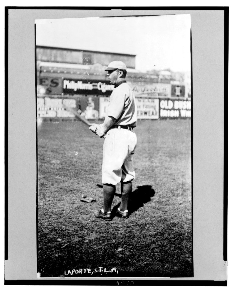 Frank B. LaPorte, St. Louis Browns baseball player, facing left, standing, wearing uniform, holding bat LCCN2003689087