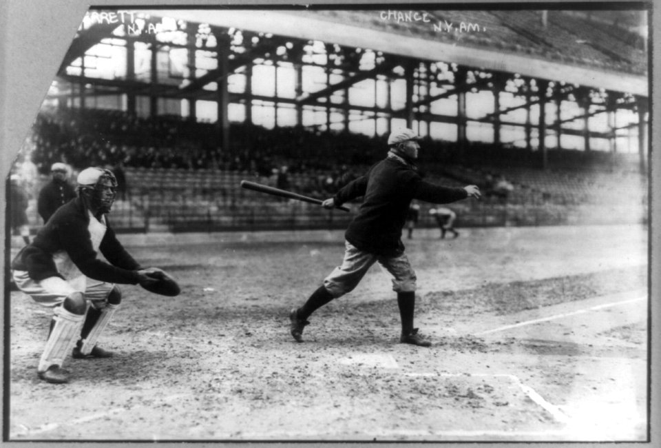 Frank Chance, manager for the New York American League baseball team swinging bat LCCN89714179