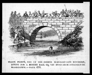 Frank Pierce, one of the Eighth Massachusetts Regiment, diving for a missing rail on the road from Annapolis to Washington LCCN2002735871