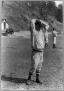 Frank Leon Allen, baseball player, full-length portrait, standing, facing right, with hands above head, in uniform of the Brooklyn Feds LCCN90706215