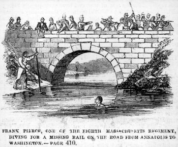 Frank Pierce, one of the Eighth Massachusetts Regiment, diving for a missing rail on the road from Annapolis to Washington LCCN2002735871
