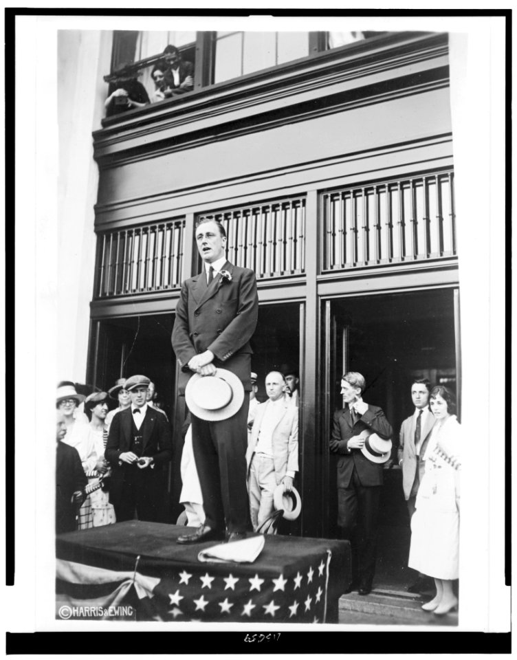 Franklin D. Rooosevelt, full-length portrait, speaking from platform, facing slightly left, during campaign LCCN95504351