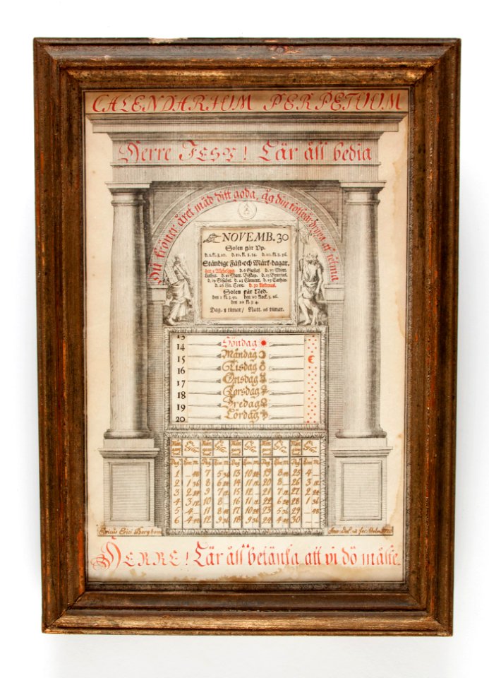 Gregoriansk kalender från år 1720 med veckodagar, månader, skottår, stjärntecken m.m - Skoklosters slott - 93148
