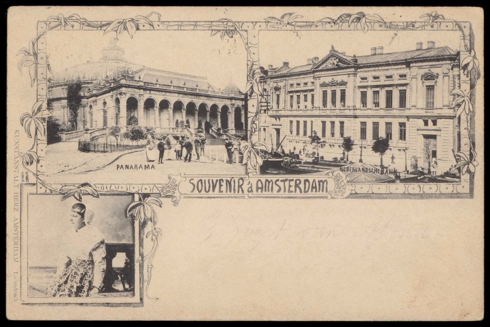 Groeten uit Amsterdam, verzamelde beelden het Panoramagebouw, Plantage Middenlaan 50 De Nederlandse Bank, Oude Turfmarkt 127-129 en een meisje in klederdracht, Afb PBKD00453000001