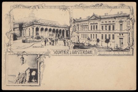 Groeten uit Amsterdam, verzamelde beelden het Panoramagebouw, Plantage Middenlaan 50 De Nederlandse Bank, Oude Turfmarkt 127-129 en een meisje in klederdracht, Afb PBKD00453000001