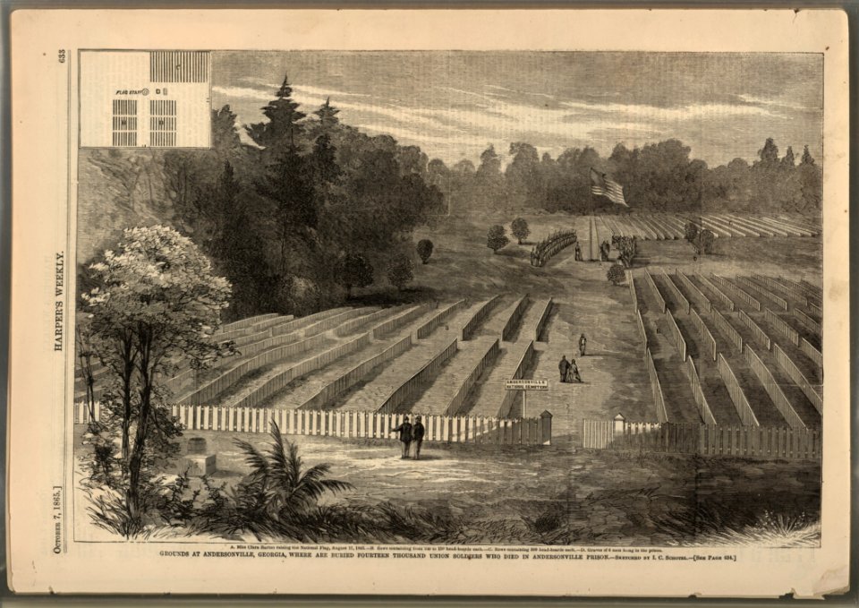 Grounds at Andersonville, Georgia, where are buried fourteen thousand Union soldiers, who died in Andersonville Prison - sketched by I.C. Schotel. LCCN92500082