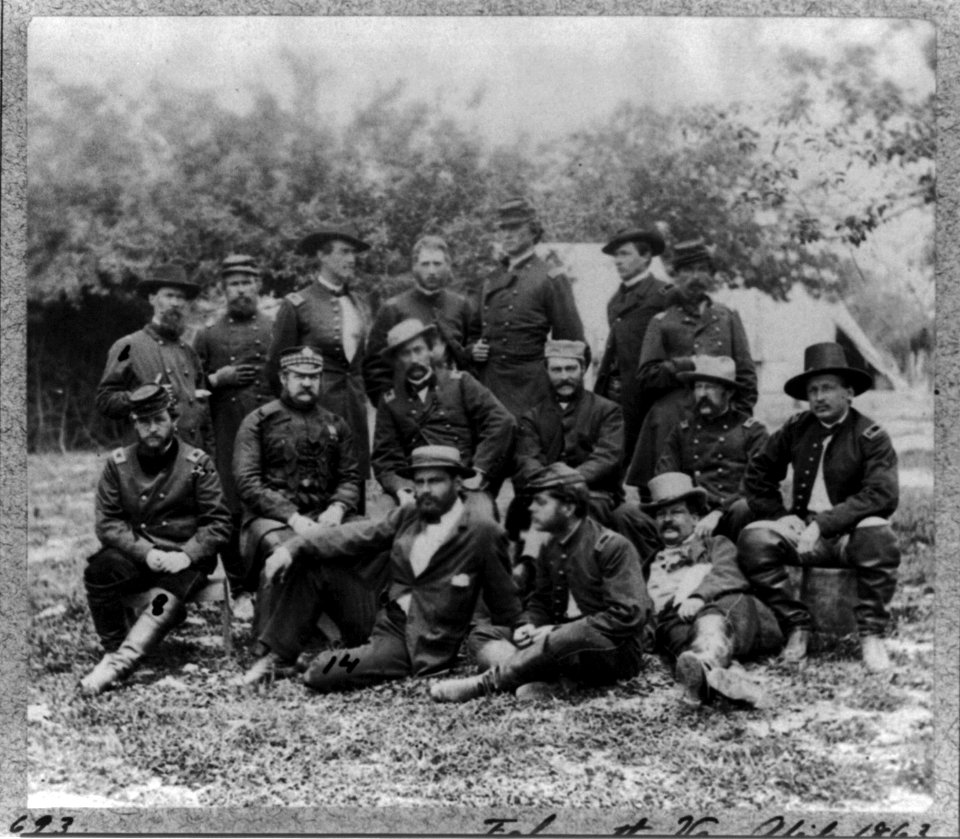 Group at Headquarters of Army of Potomac, Falmouth, Va.- J.S. Crocker, Ulris Dahlgren, B.C. Ludlow, A.N. Duffie, E.R. Warner, Lord Abinger, J. Dickinson, S.F. Barstow, J.B. Howard, D.W. Flagler, Harry LCCN2002709443