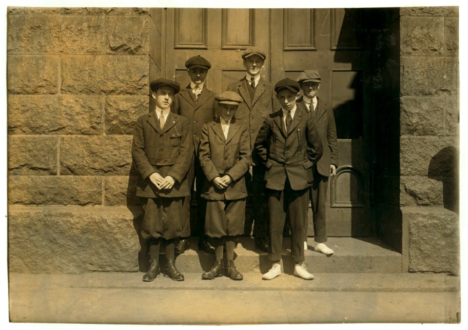 Group of 14-16 year old messengers working for American Printing Co. Henry Moore - 15 years; Edwin Chadwick - 15 years; George Jones - 16 years; Everett Harrison - 15 years; Wm. Schofield - LOC nclc.03974