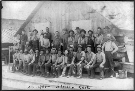 Group of 31 lumberjacks posed outside camp bldg. LCCN2006686834