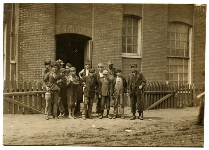 Group containing the following boys who work in the Sagamore Mfg. Company, Fall River. Manuel Corieiia (i.e., Correira) , 144 Cove St., works in Spinning room on top floor. Said, 'I only LOC cph.3b33356