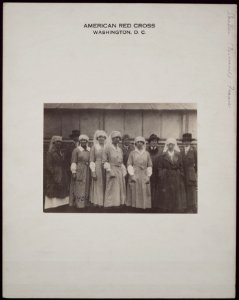 Group of ARC workers at a Red Cross canteen Left to right - Miss Anna L. Rochester, Miss Gladys Cromwell, Miss Elizabeth Strang, Miss Helen J. Day, Miss C. Wheller, Mrs. Mary Palmer Gardner, LCCN2013649143