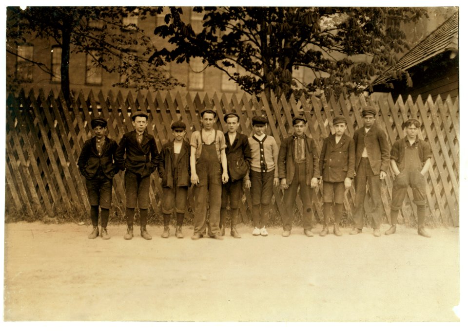Group of boys who work in Suncock (N. H.) Mills. It is a large corporation, employing 1200 hands, but in all the three mills, I found only 1 girl and three boys that seemed to be under 14. LOC nclc.01744